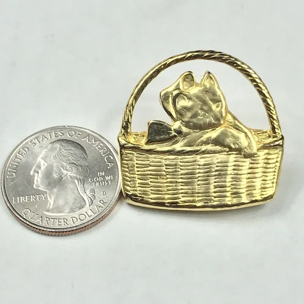 Cat in Basket Gold Tone Vintage Pin Brooch